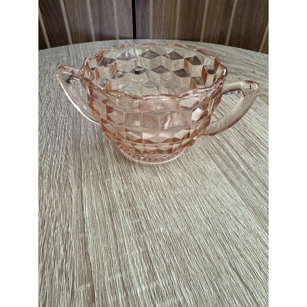 Vintage Jeannette Cubist Depression glass pink double handled open sugar bowl